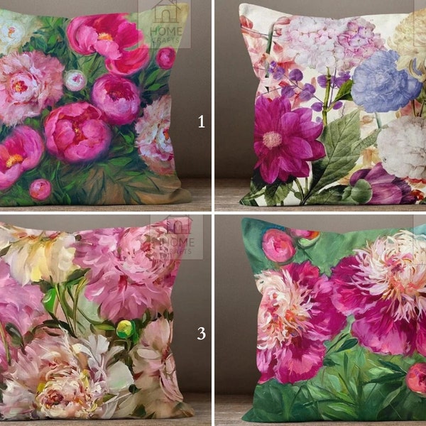 Pink Floral Premium Pillow Covers, Decorative Pillow Cases, Peonies Cushion Cover, Flower Print Outdoor Pillows, Chic Pillow Sham, Home Gift