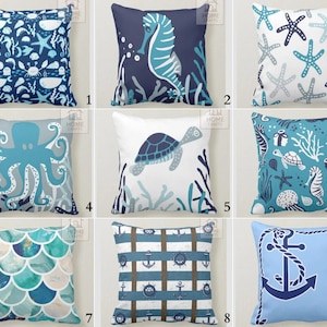 Nautical Outdoor Pillow Case, Sea Turtle Pillow Cover, Decorative Pillows, Sky Blue Pillow, Starfish Cushion, Beach House Coastal Decor