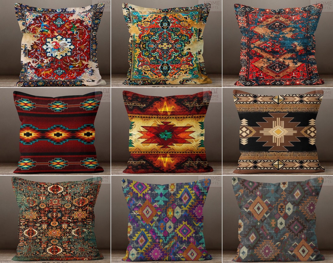 Rug Design Throw Pillows, Western Pillow Case, Terracotta Cushion, Boho