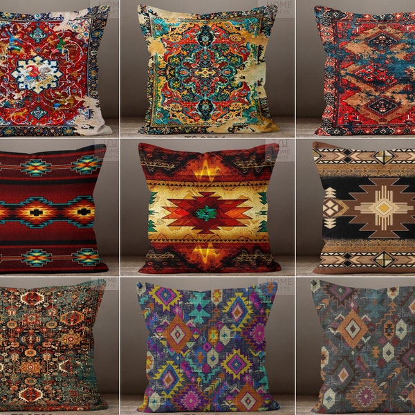 Rug Design Throw Pillows, Western Pillow Case, Terracotta Cushion, Boho Decor, Aztec Print Pillow Cover, Turkish Rug Pattern Pillow Top