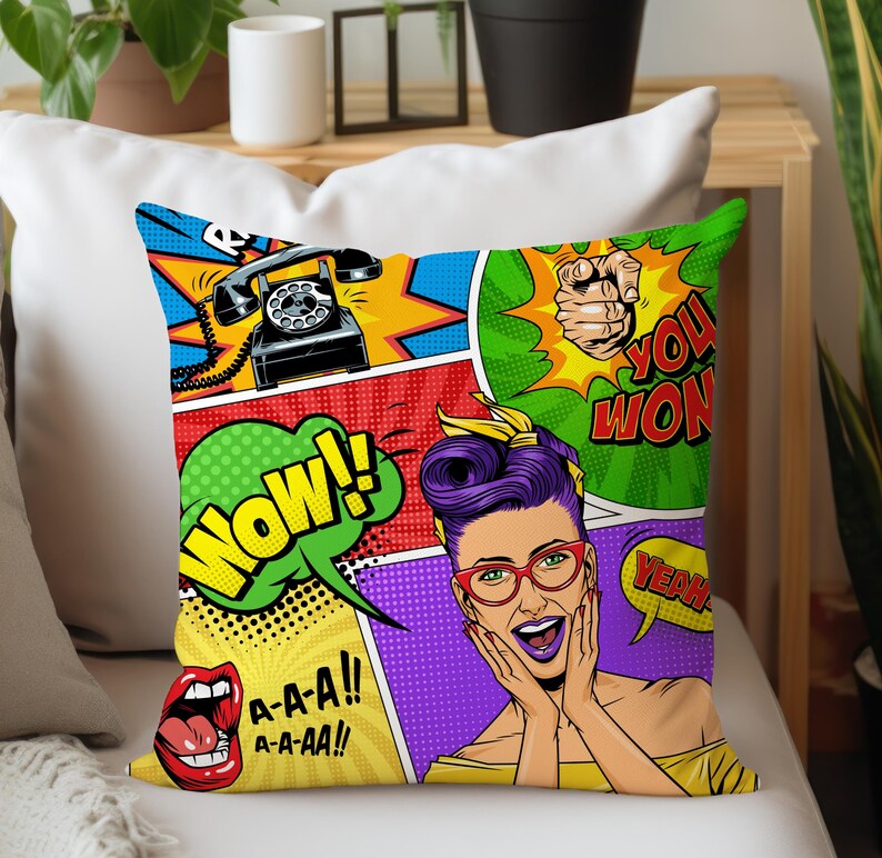 Pop Art Comic Throw Pillow Cover, Retro Superhero Wow Boom Decor - Etsy