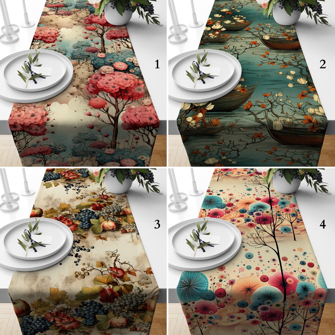 Abstract Flowers Table Runner, Cherry Blossom Table Decor, Still Life ...