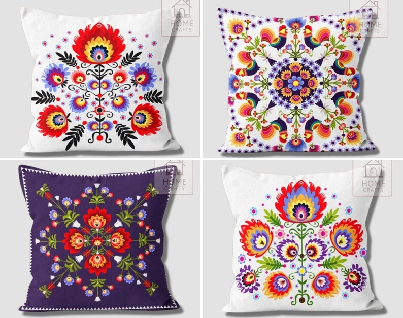 Polish Folk Art Pillow Cover, Wycinanki Flower Cushion, Colorful Ethnic Case image 10