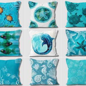 Sea Animal Pillow Cover, Fish Print Pillow, Decorative Pillow, Ocean Pillow Cases, Navy Cushion Cover, Beach House Gifts, Marine Decorations