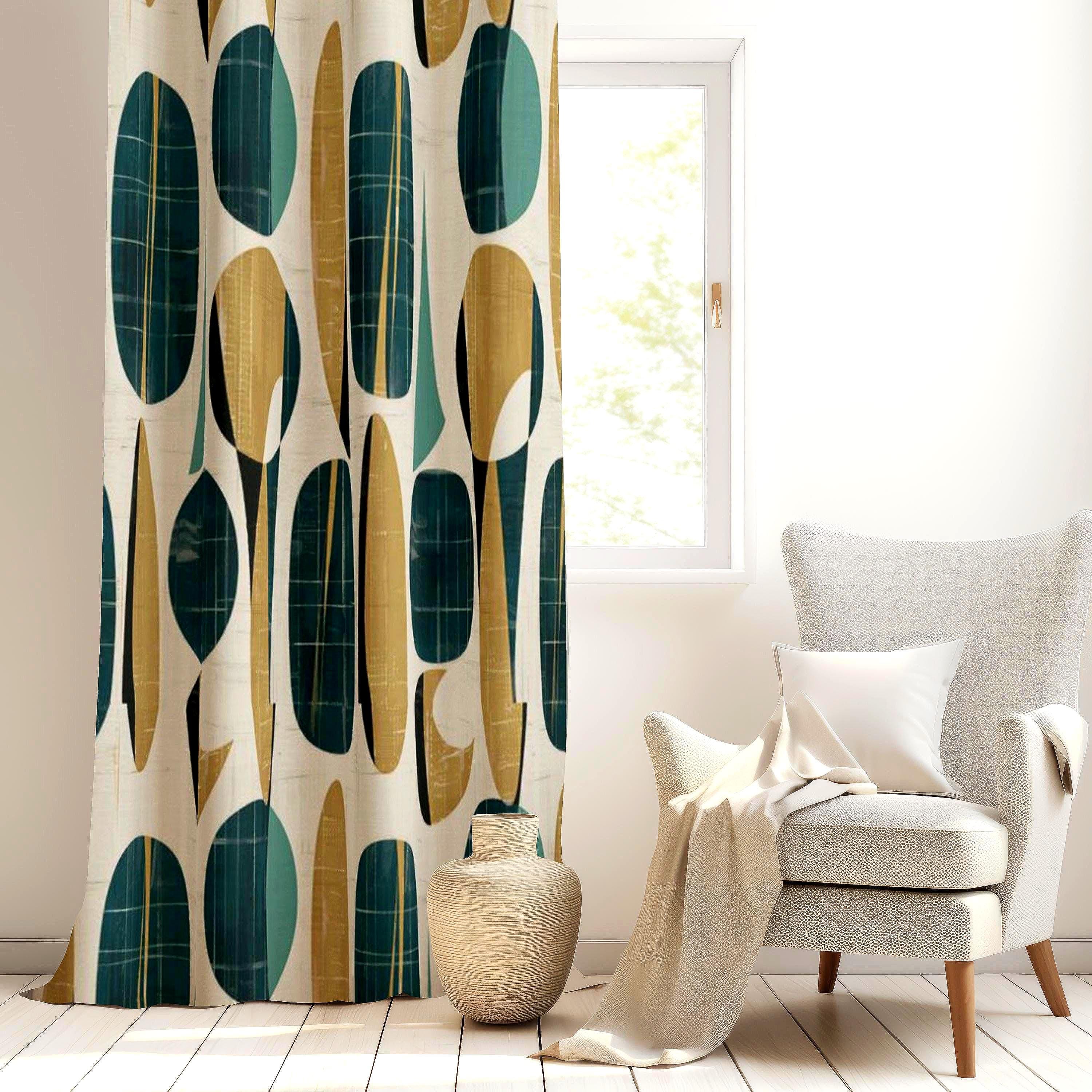 Retro Mid Century Curtain, Modern Abstract Mustard Drapes, Boho Custom