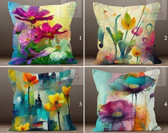 Sierkussenslopen met kleurrijke bloemen, kussensloop aquarel bloem, kussensloop olieverfschilderij, kussen wilde bloemen, kussen abstracte verf