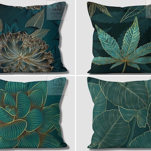 Green Flower Pillow Covers, Teal Floral Pillow Cases, Decorative Cushion, Elegant Couch Pillow, Outdoor Pillow, Home Gift, Event Decor