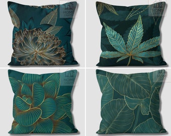 Green Flower Pillow Covers, Teal Floral Pillow Cases, Decorative Cushion, Elegant Couch Pillow, Outdoor Pillow, Home Gift, Event Decor