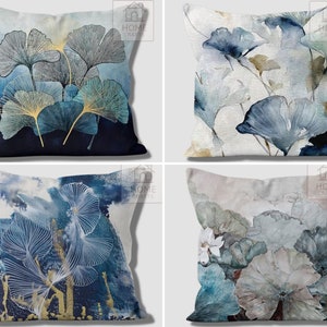 Grijze en lichtblauwe kussensloop met bloemen, decoratieve sierkussensloop, kussenhoes in bloemstijl, abstract buitenkussen, chique woondecoratie