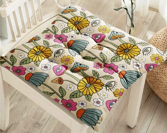 Abstract Flower Puffy Chair Pads, Colorful Floral Seat Cover, Nature Theme Balcony Fluffy Seat Pad, Outdoor Seat Cushion, Dining Room Decor