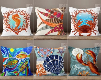 Decorative Nautical Pillow Case, Outdoor Pillow Cover, Sea Theme Pillow, Fish Cushion Cover, Ocean Pillow, Beach House Pillow, Coastal Decor