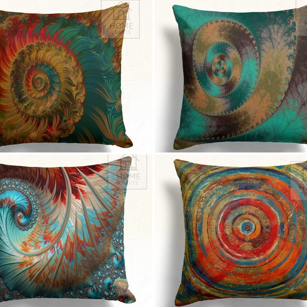 Luxe Fractal Spiral Pillow Cover, Green Brow Blue Cushion Cover, Fractal Spiral Art Red Green Blue Turquoise Throw Pillow Case, Boho Pillow