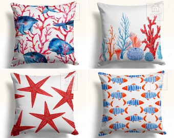 Blue Ocean Pillow Cover, Marine Animals Throw Pillow Case, Sea Fish Starfish Coral Paradise Cushion, Beachy Vibes Coral Graphics Pillows