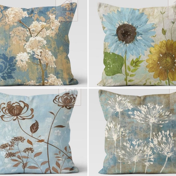 Powder Blue Flowers Pillow Cover, Abstract Flowers Painting Floral Cushion Case, Botanical Art Pillow Topper, Floral Pillow Sham