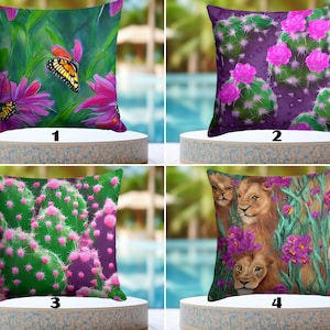 WATERPROOF Purple Flower Pillow Covers, Cactus Floral Outdoor Pillowcases, Water Resistant Premium Couch Pillow Sham, Lioness Cushion Cases