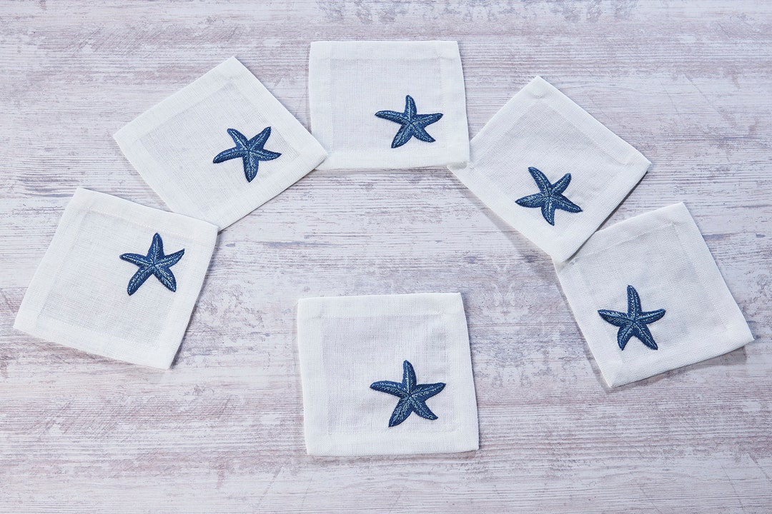 Navy Blue Cocktail Napkins Embroidered Linen Coffee Napkins Etsy
