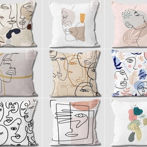 Abstract Portraits Pillow Case, Line Art Throw Pillow Cover, Nordics Scandi Pillow, Decorative Boho Pillow Top, Abstract Cushion, Home Decor