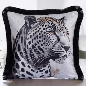 Wild Leopard Velvet Pillow Sham, Wildlife Fringed Decorative Lumbar Pillow Cover, Nature Cushion Cover, Luxury House Decor, 18x18, 45x45 cm