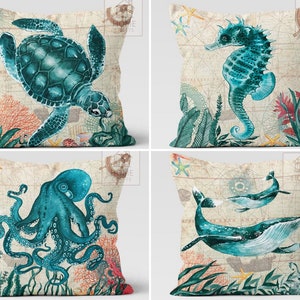 Maritime Animal Pillow Shams, Marine Sea Turtle Pillows, Octopus Throw Pillow, Seahorse Decorative Cushion Covers, Whale Pillow, Yacht Decor