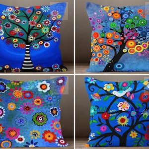 Tree of Life Pillow Cover, Rainbow Bubble Tree Pillow Case, Evil Eye Bead Pillow Top, Blue Color Throw Pillow Case, Red Primrose Pillow Sham
