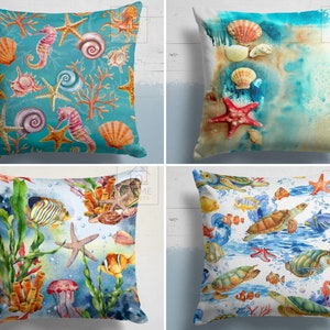 Sea Life Pillow Cover, Sea Turtle Pillow Sham, Fish Pattern Cushion Case, Starfish Style Pillowcase, Seahorse Design Pillow Topper