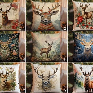 May include: Nine decorative cushions with deer designs. Each cushion displays a unique artistic style, including watercolour and digital art. The deer are shown in diverse settings, such as floral arrangements, mountain landscapes, and celestial backgrounds.