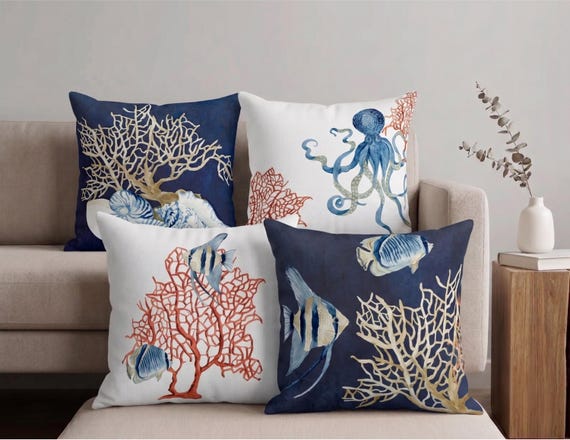 Fish Coral Pillow Cover, Navy Coastal Cushion, Sea Life Print - Etsy