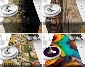 Abstract Art Table Runner, Modern Mid Century Decor, Black and Gold Grunge