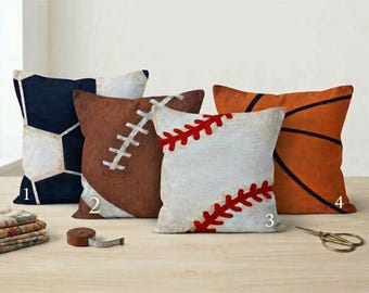 Sports Ball Pillow Covers, Soccer Basketball Baseball Football Cushion Cases, Modern Game Room Decor