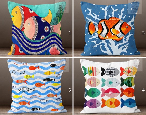 Federa Cuscino Decorativa 45x45 Cm Seas The Day Vintage Con Stella Marina, Cotone E Lino, Doppia Stampata