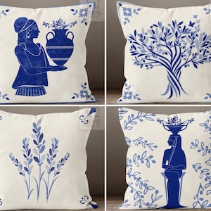 Mediterranean Style Pillow Cover, Blue Motifs Pillowcase, Olive Leaves Throw Pillow, Tile Cushion Case, Decorative Cushion Cover, Home Gift