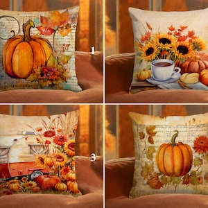 Orange Pumpkin Pillow Cover, Sunflower Cushion Cover, Country Pillow Sham, Fall Floral Pillowcase, Autumn Pillow Slip, Thanksgiving Decor