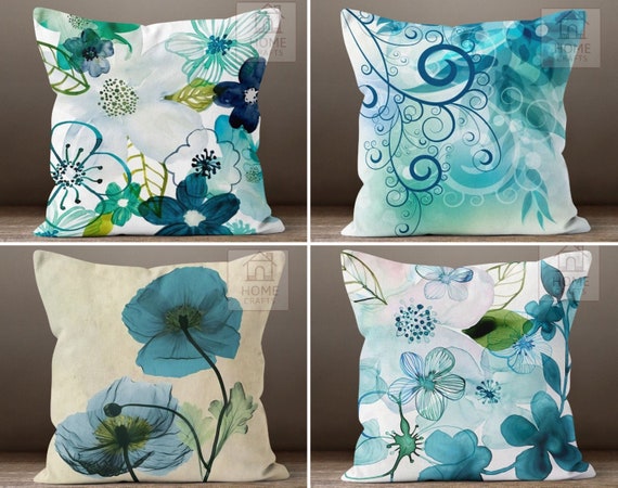 Blue Green Modern Floral Throw Pillow Cover