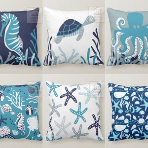 Ocean Pillow Cases, Marine Throw Pillow, Teal Pillow, Decorative Cushion Covers, Fish Pillow, Octopus Pillow, Starfish Pillow, Coastal Decor