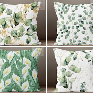 Housse de coussin feuilles vertes, Coussin décoratif fleurs blanches, Dessus de coussin botanique, Housse de coussin végétal, Coussin décoratif pour canapé, Décoration de maison de luxe