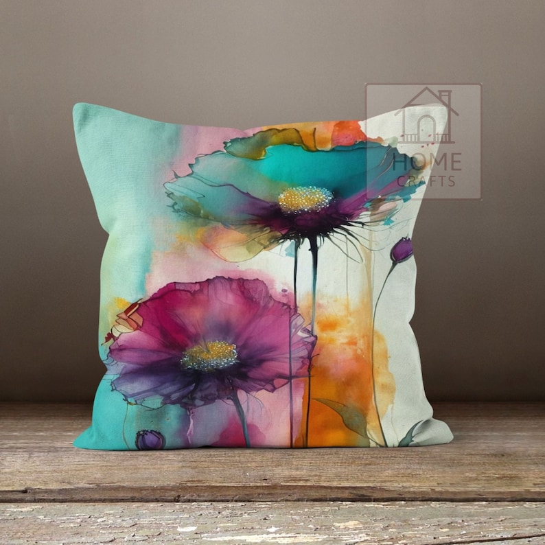 Colorful Flower Throw Pillow Cases, Watercolor Flower Pillow Sham, Oil Painting Pillow Cover, Wildflowers Pillow, Abstract Paint Pillow zdjęcie 10