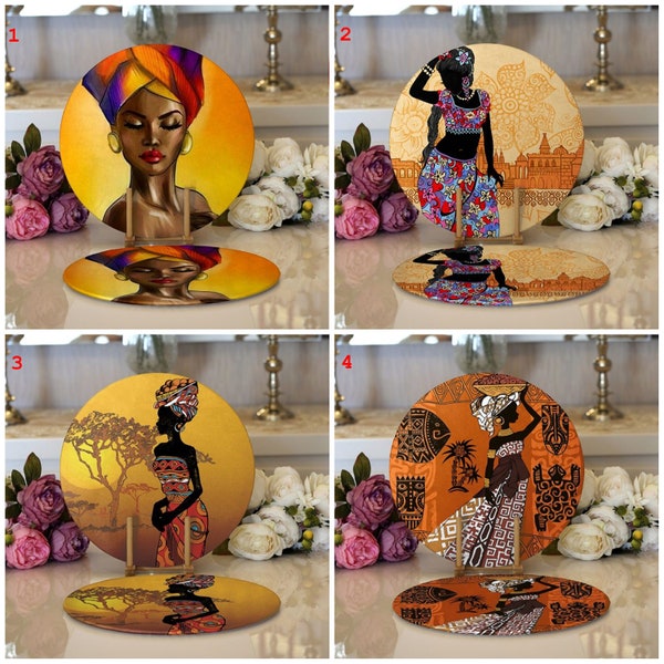 Set de table femme africaine, dessous de plat en bois, napperon rond ethnique, dessous de plat pour salle à manger, décoration de table femme africaine (Lot de 2)