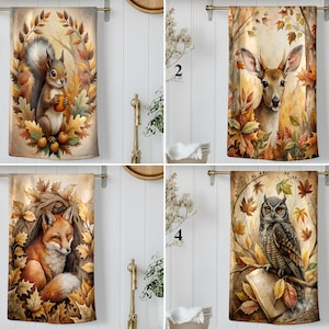 Woodland Animal Tea Towels, Autumn Squirrel, Deer, Fox & Owl Dish Towel, Rustic Fall Forest Kitchen Decor, Nature Inspired Kitchen Towel