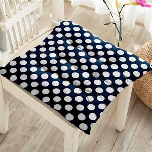 Polka Dot Puffy Chair Pad, Navy Blue White Style Seat Cover, Luxurious Balcony Seat Pad, Modern Square Seat Cushion, Outdoor Dining Cushion