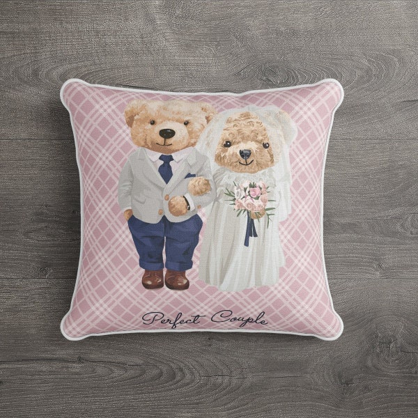 Bridal Couple Teddy Bear Velvet Throw Pillow Cover, White Piping Velvet Decorative Square Pillow Case 18x18", Special Home Design 45x45 cm