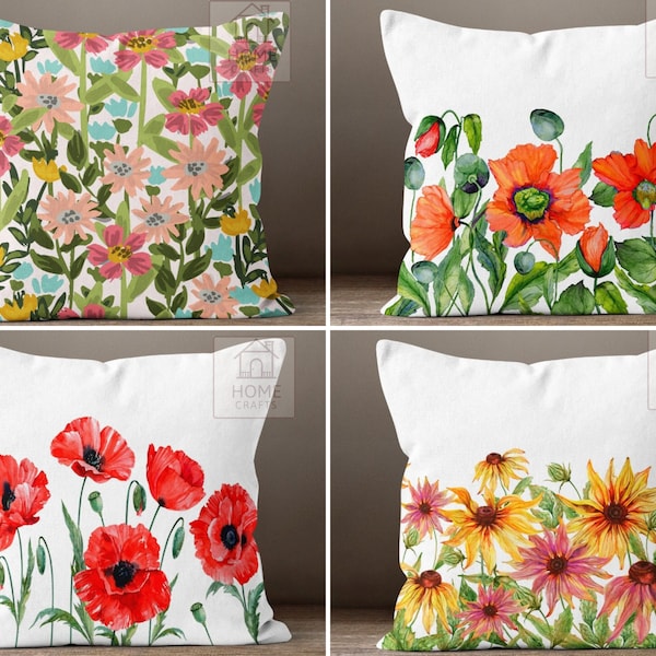 Poppies Cushion Cover, Red Yellow Pink Orange Floral Throw Pillow, Decorative Patio Pillow Sham, Flower Outdoor Pillow Case, Home&Cafe Decor
