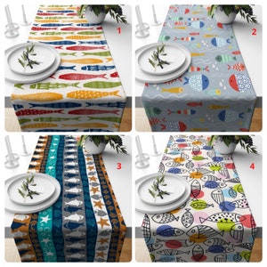 Fish Design Table Runner, Sea Food Table Top, Nautical Table Cover, Colorful Navy Tablecloth, Starfish Print Table Decor, Beach Home Decor