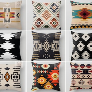 Rug Design Pillow Cover, Black Southwestern Cushion Case, Decorative Beige Pillow Case, Aztec Home Decor, Farmhouse Decor, Geometric Pillows