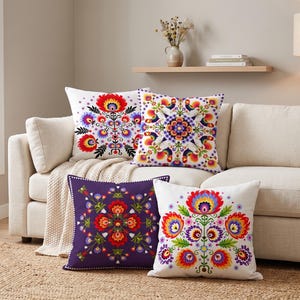Polish Folk Art Pillow Cover, Wycinanki Flower Cushion, Colorful Ethnic Case image 8