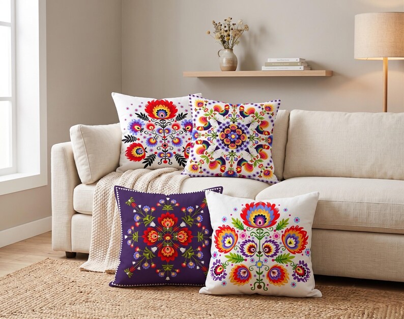 Polish Folk Art Pillow Cover, Wycinanki Flower Cushion, Colorful Ethnic Case image 8