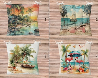 Beach Theme Cushion Pads, Sea Life Outdoor Chair Cushion, Tropical Chair Pads, Palm Trees Bench Cushion, Coastal Seat Cushions, Home Decor