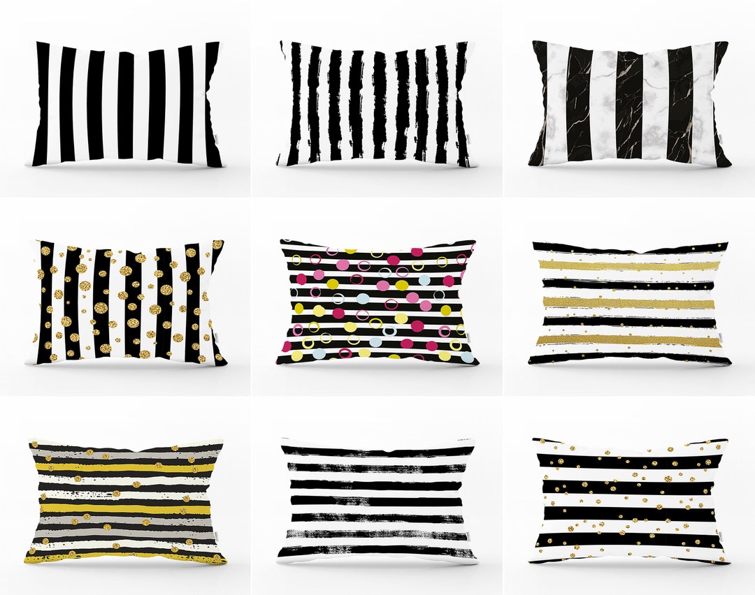 Black & White Lumbar Pillow Cover, Black White Striped Throw Pillow Case, Geometric Outdoor
