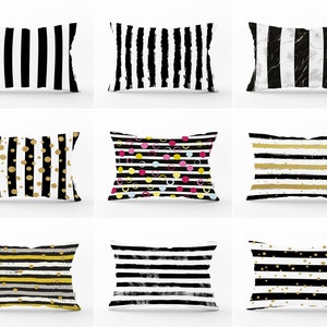 Black & White Lumbar Pillow Cover, Black White Striped Throw Pillow Case, Geometric Outdoor Cushion Cover, Patio Sofa Rectangle Pillow Sham