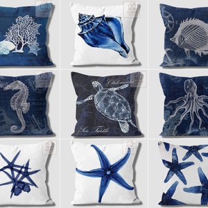 Marine Pillow Cover, Ocean Throw Pillow Cases, Navy Pillowcase, Decorative Cushion Cases, Sea Turtle Pillow, Octopus Pillow, Starfish Pillow