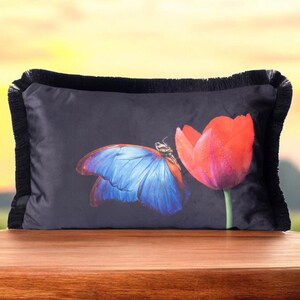 Blue Butterfly Velvet Pillow Sham, Red Tulip Fringed Decorative Lumbar Pillow Cover, Trendy Cushion Cover, Home Decor, 18x18, 14x20 inches